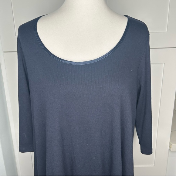 PJ Harlow Kiki Navy Rib Knit Top Size Large Cotton Blend Swing Satin Trim  USA - Picture 2 of 7